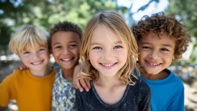 95Group of cheerful multiethnic children laughing together outdoors, bright summer sunlight, colorful casual clothing, green park background, candid joyful expressions and playful en