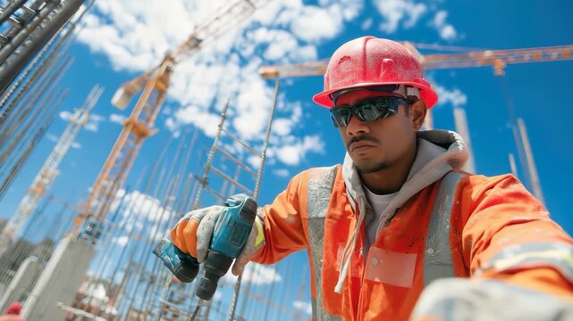 Latino male builder focuses intently as he uses a power drill to securely fasten metal beams. The sun shines brightly in a blue sky, highlighting the busy construction site filled with cranes