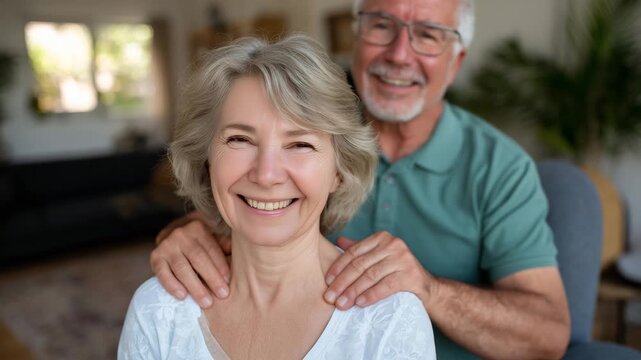 100Man giving a neck massage to a smiling woman sitting in a chair, senior couple wellness and relaxation at home, relaxed weekend atmosphere, casual clothing, tidy living space, emot