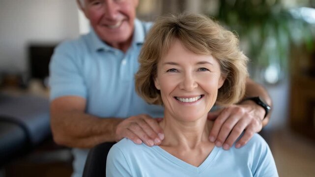 101Man giving a neck massage to a smiling woman sitting in a chair, senior couple wellness and relaxation at home, relaxed weekend atmosphere, casual clothing, tidy living space, emot