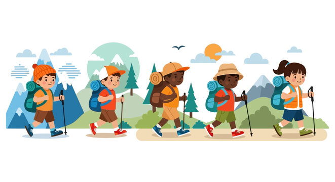 Group of diverse children hiking together with backpacks and trekking poles in a scenic area