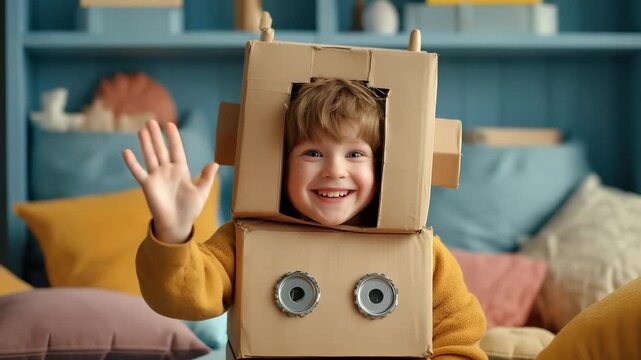 A cheerful young boy joyfully waves his hand while dressed in a playful cardboard robot costume. His colorful bedroom is alive with cushions and toys, sparking imagination and fun