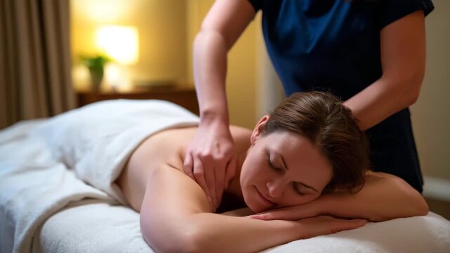 108Woman receiving deep tissue back massage from masseuse in spa setting, relaxing wellness treatment for muscle tension and stress relief, softly lit treatment room with warm neutral