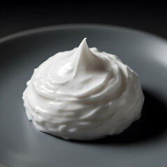 A swirl of white cream forms a perfect peak on a grey plate