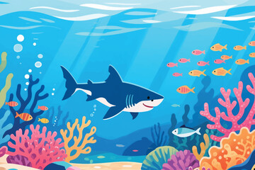 Obraz premium Large shark swimming among colorful coral reefs with tropical fish in vibrant underwater cartoon illustration, lively ocean scene with sunlight rays and bubbles.