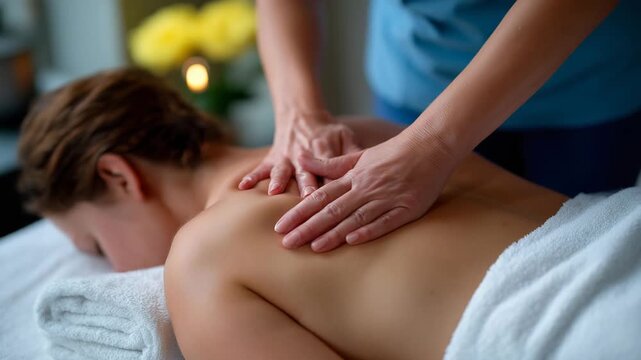 114Woman receiving deep tissue back massage from masseuse in spa setting, relaxing wellness treatment for muscle tension and stress relief, overhead angle highlighting alignment and t