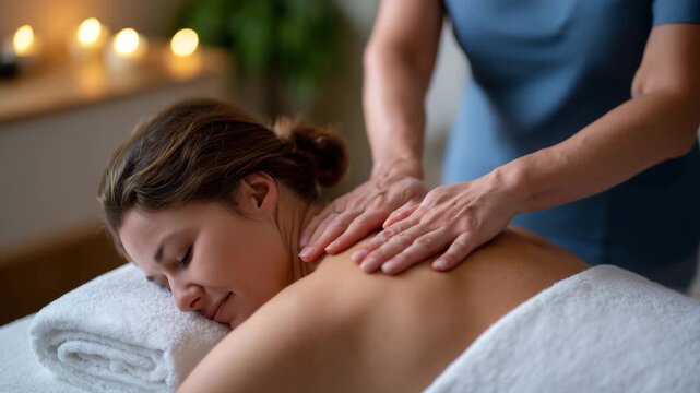 122Woman receiving deep tissue back massage from masseuse in spa setting, relaxing wellness treatment for muscle tension and stress relief, tranquil spa ambiance with neutral color pa