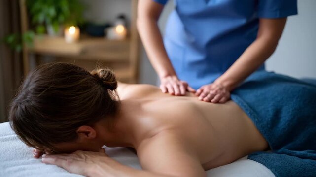 124Woman receiving deep tissue back massage from masseuse in spa setting, relaxing wellness treatment for muscle tension and stress relief, side angle showing full massage table and t