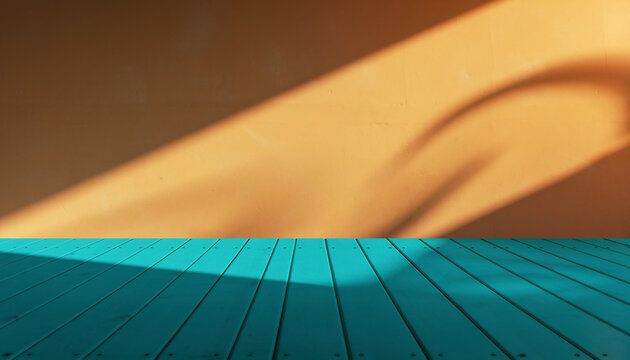 fond minimaliste terrasse bleue et mur orange avec ombre d'&eacute;t&eacute;