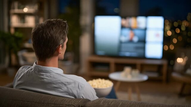 392Person watches TV screen with movie selections on streaming service. User browses film library choosing content for evening entertainment at home. Couch, smart TV, and posters are