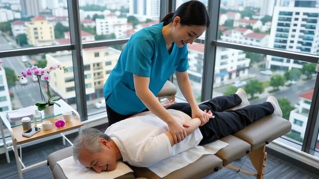 A professional therapist providing a relaxing back massage to an elderly man in a modern clinic, surrounded by urban scenery