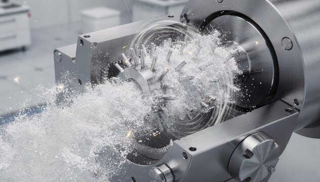 Pin mill in action grinding titanium dioxide pigments into fine powder emphasizing the rapid rotor impact and shear forces at work within a compact milling chamber.