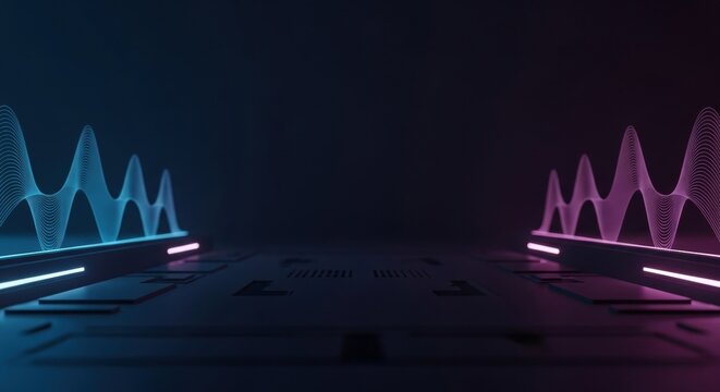 Futuristic Cyberpunk Podium with Neon Waveform Audio Frequency Visualizer; Sci-Fi Technology Background with Blue and Purple Glowing Sine Waves for Digital Music and Data Science.