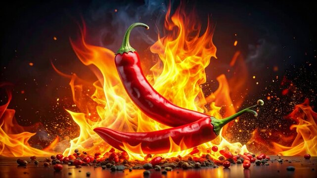 Two red chili peppers surrounded by flames and peppercorns