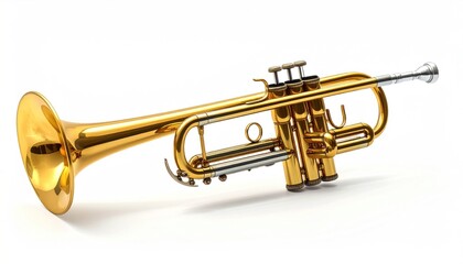 Obraz premium Elegant golden trumpet isolated on white background for musical performance.