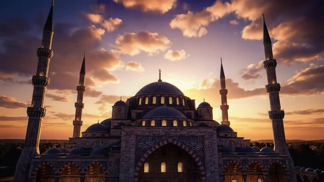 A majestic mosque with intricate architecture is illuminated by the warm glow of the setting sun, creating a serene and spiritual atmosphere.