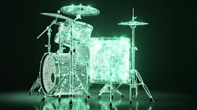 A 3D rendered drum set glows in a neon green, with a reflection on a black background