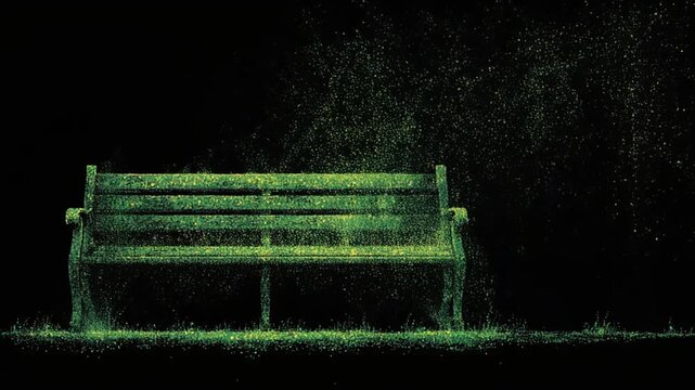A green-glowing park bench set against a stark, black backdrop, covered in scattered particles