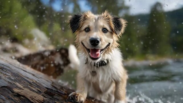 Happy family resting on a log near a lake, dog splashing water nearby, close-up framing emphasizing expressions and joy, cinematic natural lighting, travel adventure vibe