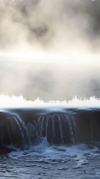 Seamless Haze Loop A static or very subtle pan shot designed for perfect looping, capturing the constant movement of the cascade and the gentle undulation of the mist over the lake, creating an