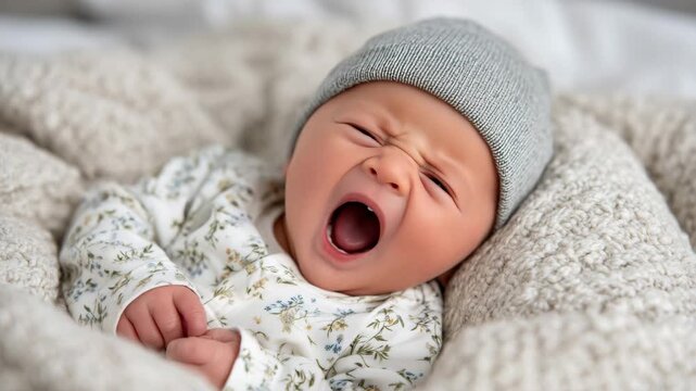 Newborn baby mid-yawn on a soft textured blanket, pastel sleepsuit and hat, gentle side lighting creating soft shadows, cinematic cozy newborn portrait