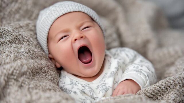 Newborn baby yawning peacefully, wrapped loosely in a textured blanket, hat and sleepsuit in gentle muted tones, soft morning sunlight streaming in, intimate newborn portrait