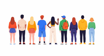 Fototapeta premium Diverse group of people standing with their backs to the viewer, showcasing various casual outfits and different body types.