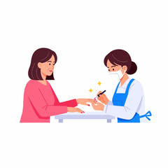 Fototapeta premium A professional nail technician wearing a mask and apron is giving a manicure to a female client at a beauty salon.