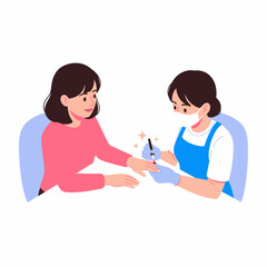 Fototapeta premium A nail technician wearing a mask and gloves applies polish to a client's fingernails in a beauty salon.