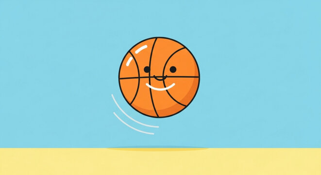 Smiling Basketball Bouncing on Court Floor during Game, Cartoon Style