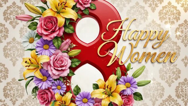 Floral red number 8 with text for Women's Day celebration