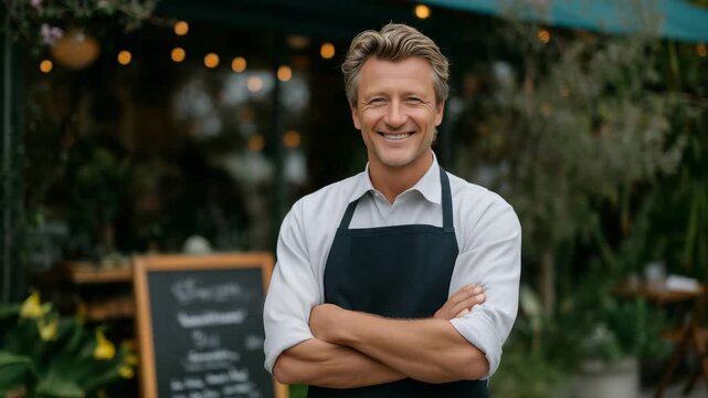 Portrait-style image of caf&eacute; owner in apron standing proudly outside his shop, chalkboard menu and coffee aroma implied, natural light and inviting ambiance