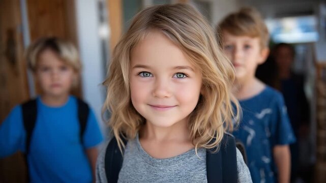 Portrait-style back-to-school image of diverse children, kindergarten child proudly wearing a backpack nearly as big as them, shallow depth of field, soft natural light, joyful inn