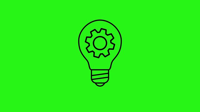 Animated light bulb icon with rotating gear inside on green screen background
