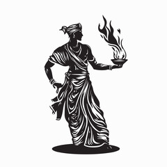 Fototapeta premium Mystic Figure with Robe Holding Fire Chalice Vector Logo on White Background