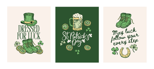 Obraz premium Patrick Poster Card TShirt Prints Apparel Costume Vector Collection Vintage Handdrawn Hat Boots Coins