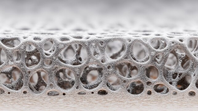 Closeup titanium lattice aerospace component testing visual of D printed porous mesh optimized for weight reduction and structural efficiency, metallic grey finish, engineered topology for fatigue