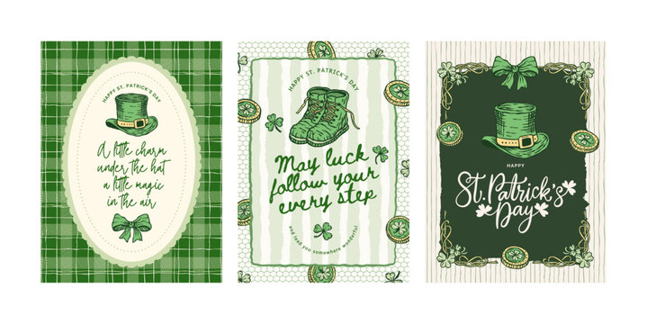 St Patrick Poster Card Set Vector Collection Vintage Handdrawn Plaid Background