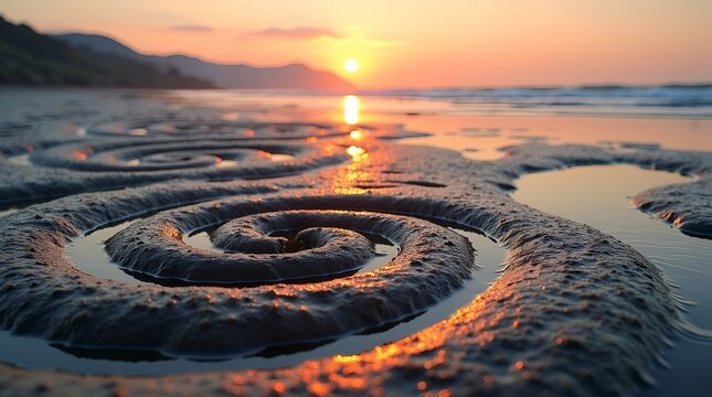 Tidal mudflat geometry with spiraling sandworm channels sunset