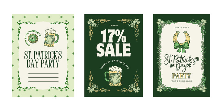 Patrick Sale Poster Flyer Banner Vector Collection Vintage Handdrawn Lucky Discount Promotion With Hat Coins Shamrock