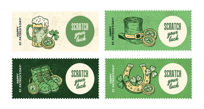 Patrick Scratch Ticket Card Tag Label Vector Collection Vintage Handdrawn Beer Mug Coins Shamrock Lucky Promotion