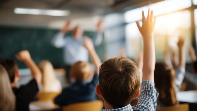 Wide-angle cinematic view of classroom, schoolchildren raising hands during lesson, teacher pointing at blackboard with chalk, sunlight streaming through windows, interactive learn