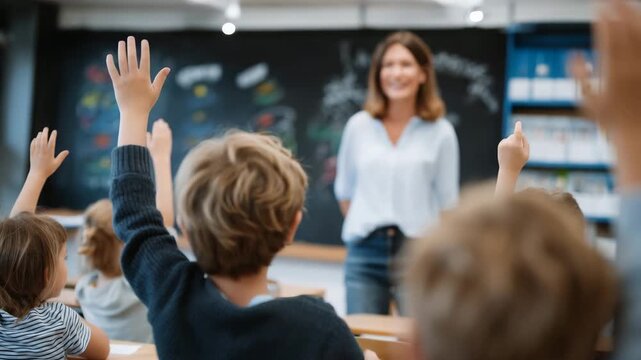 Young students raising hands attentively in a bright classroom, teacher pointing at blackboard with colorful chalk diagrams, engaged expressions, cinematic educational environment
