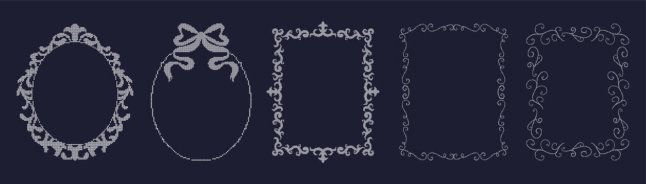 Set of embroidery stitched lace frames with swirls, curls, bow and flourishes. Ornate crochet wedding borders. Pixel art elegant templates. Vector graphic
