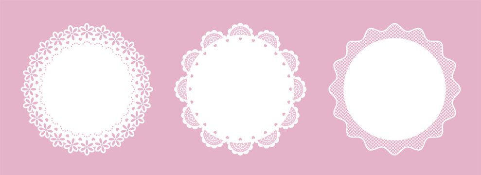 Set of elegant round doilies with scalloped edges, lace decor and floral pattern. Vintage crochet frames. Classic needlecraft heirloom silhouettes. Vector graphic