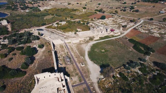 Aerial revealing view of Patara ancient city ruins in Turkey