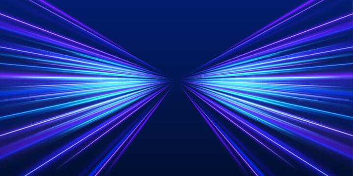 Bright neon arcs extend forward like futuristic highways at night. Smooth color transitions shift from electric blue to magenta. The artwork conveys acceleration, motion, and modern energy.