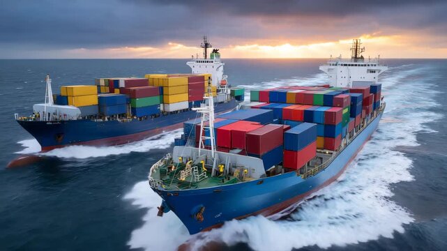 3Wide panoramic view of two massive cargo ships passing closely in open ocean, containers vividly colored, horizon blending sky and water, international trade and global supply chai