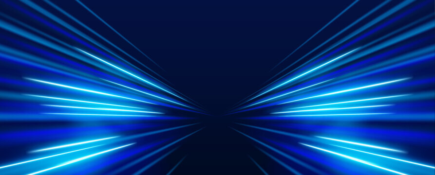 Radiant neon streams surge forward in layered abstract curves. Electric blue and pink gradients pulse with vibrant intensity. The illustration conveys dynamic motion and futuristic energy.