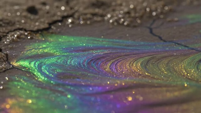 Ephemeral Desert Water Sheen Macro shot of an iridescent film on the surface of a small, temporary desert water accumulation, highlighting subtle movements.